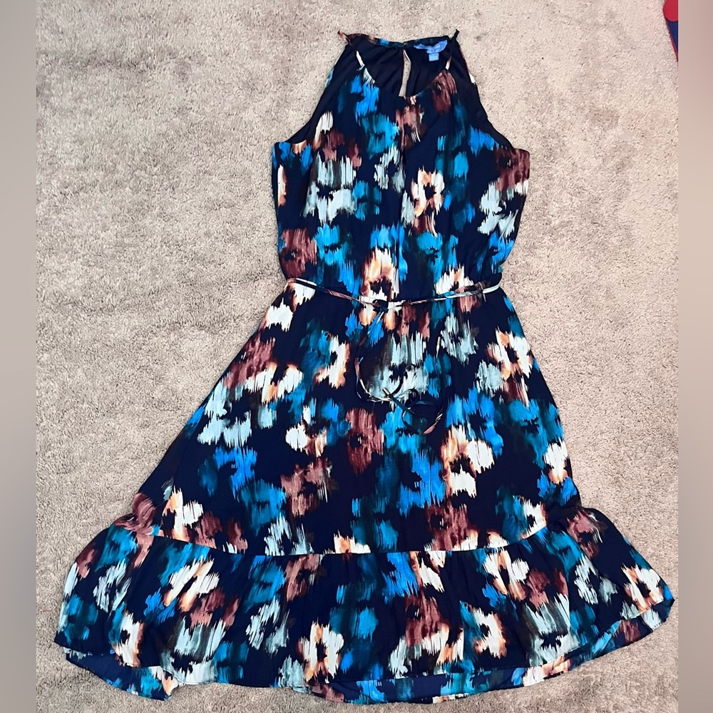 Vera Wang Blue and White Halter Pleated Midi Dress